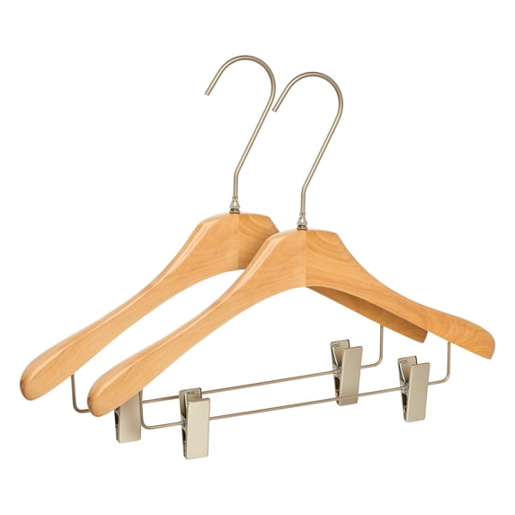Set of 2 Wood Non-Slip Hangers - Durable and Space-Saving for Clothing, Closet, Coats, Pants Natural Wood 15.7inch