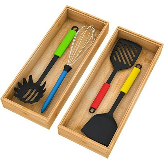 Set of 2 Wood Stackable Tray Utensil Organizer - 15x6x2.5 inch