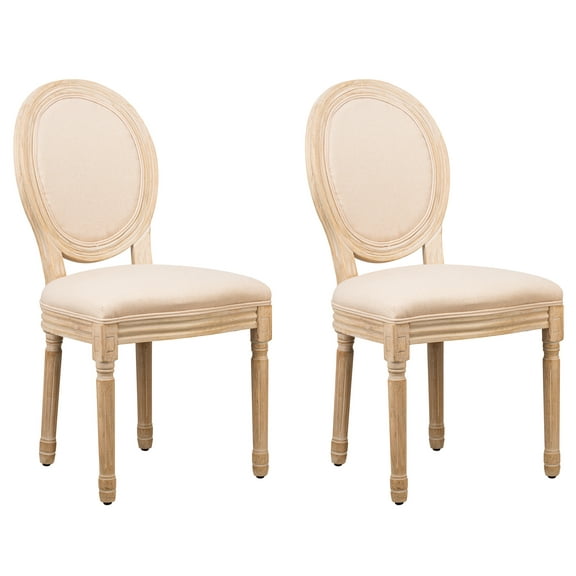 Set of 2 Wooden Chairs with Beige Fabric Seats Classic Style Dining Room