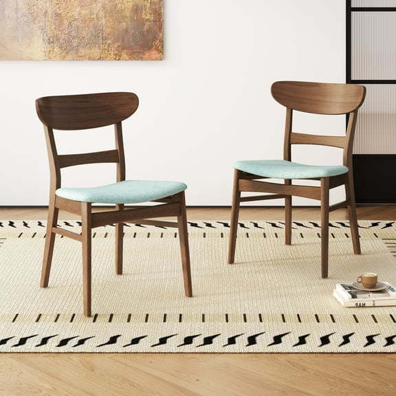 Set of 2 Wooden Dining Chairs, Modern Fabric Upholstered Dining Room Chair, Farmhouse Kitchen Side Chairs with Rubberwood Legs (Mint)