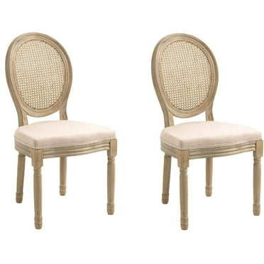 Set of 2 Wooden Dining Chairs with Cane Backs and Beige Fabric Seats Classic Style Dining Room