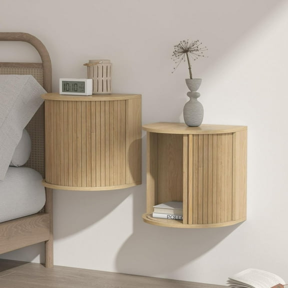 Set of 2 Wooden Floating Nightstands with Fluted Sliding Shutter Doors, Wall-Mounted Bedside Tables to Save Space