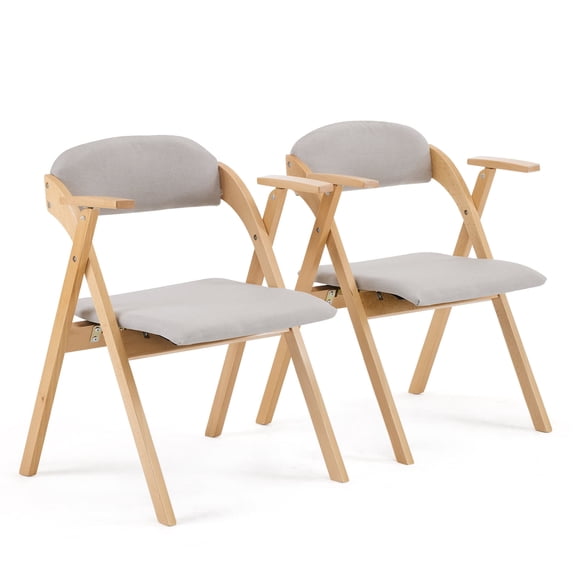 Set of 2 Wooden Folding Chairs with Padded Seats & Armrests - Natural Frame with Light Gray Cushion, Portable for Guests, Parties, Picnics
