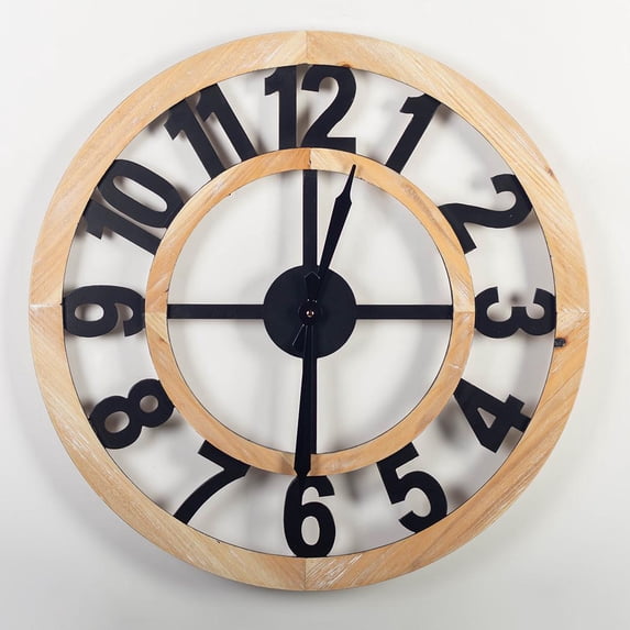 Set of 2 Wooden Frame With Black Numbers Round Wall Clock