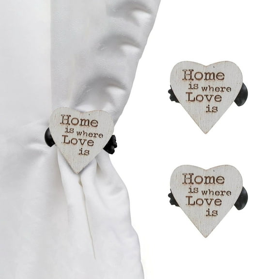 Evideco French Home Goods Curtain Holdbacks Set of 2 Wooden Heart Curtain Tiebacks – Clip Design – White/Gold