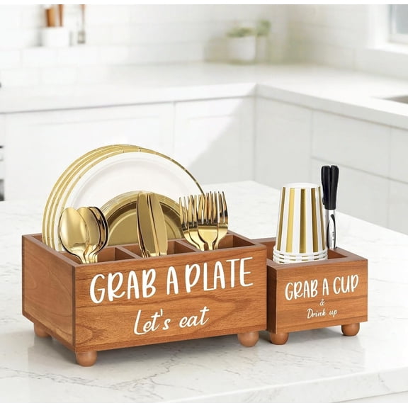 Set of 2 Wooden Paper Plate Organizer Dispenser, Countertop Utensil Caddy with Cup Holder for KitchenOutdoor Gatherings, Brown