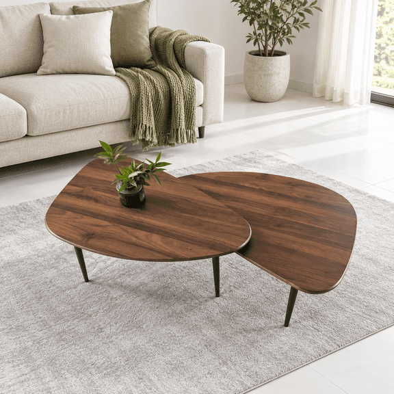 Set of 2 Wooden Triangle Nesting Coffee Tables, Walnut Mid-Century Modern Living Room Tables
