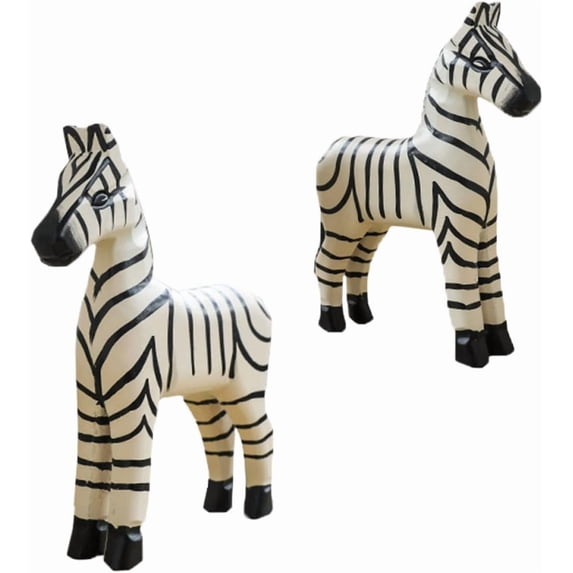 Set of 2 Wooden Zebra Statues – Hand-Carved Animal Figurines for Living Room Tabletop Home Decor Accents