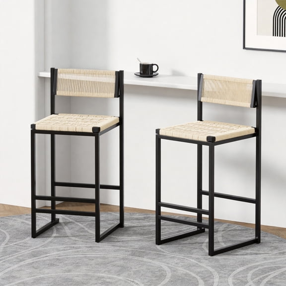 Set of 2 Woven Bar Stools with Backrest, Paper Rope Weave Dining Chairs for Kitchen Island (Creamy White)