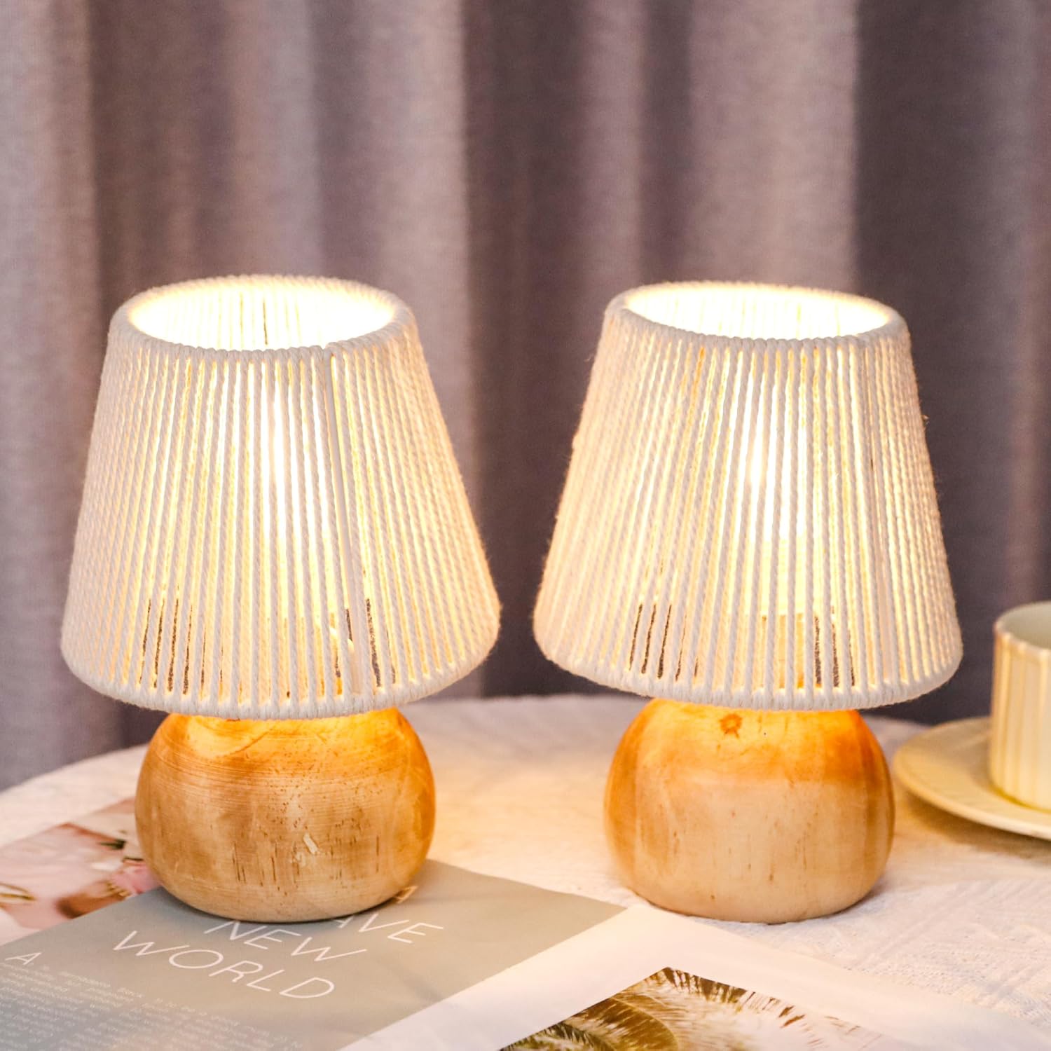 Cotton Rope Table Lamp Set of 2 Woven Cotton Rope Table Lamp - 8'' Tall Cordless Lamps with ...