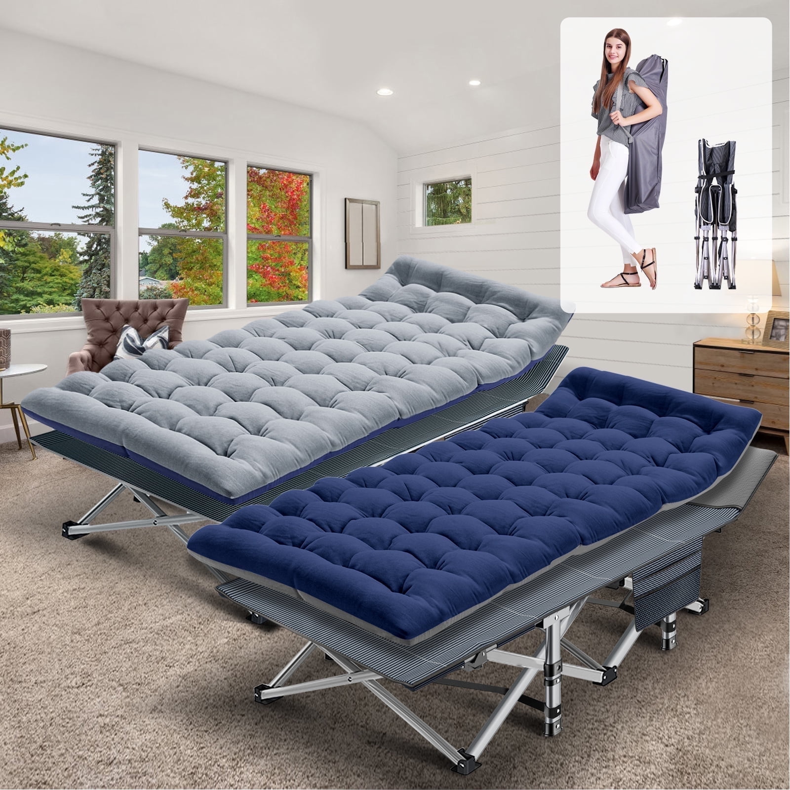 Set of 2 XL Folding Camping Cot with 2 Sided Mattress
