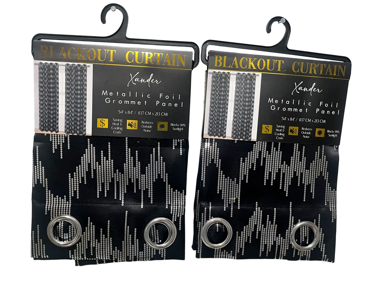 Set of 2 Xander Grommet Top Blackout Curtain Panels, 84" Long, Black with Silver Metallic