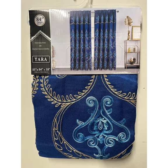 Set of 2 Yara Metallic Embroidered Curtains with Attached Valance and Backing, 84" Long