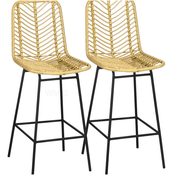 Set of 2 Yellow Kitchen Bar Stools, 26" Counter Height with Woven Wicker Seat, Boho Style Steel Frame Stools for Island Counter