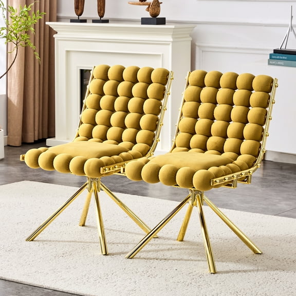 Set of 2 Yellow Puffy Bubble Chair Ball Chain Chair Velvet Dining Chairs with Gold Legs, Modern Tufted Accent Chairs for Dining Room & Kitchen
