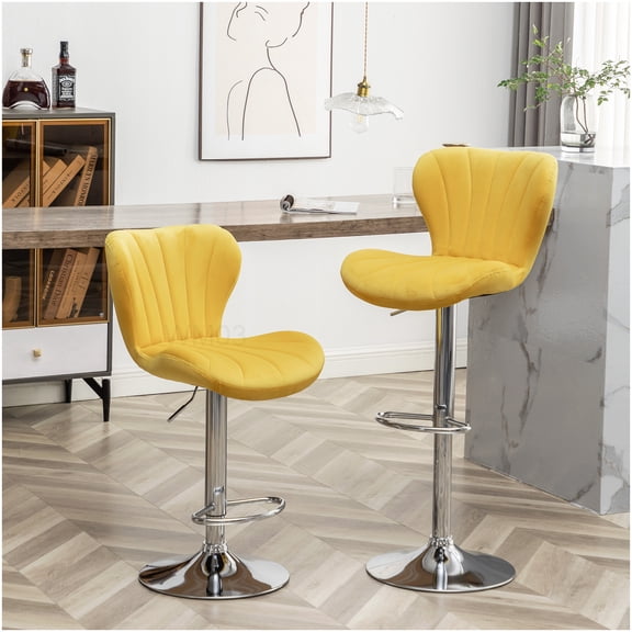 Set of 2 Yellow Swivel Bar Stools with Adjustable Height, Modern Kitchen Counter Stools