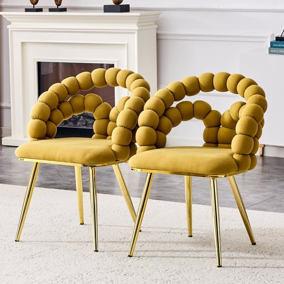 Set of 2 Yellow Velvet Dining Chairs with Gold Legs & Bubble Chain Back Design
