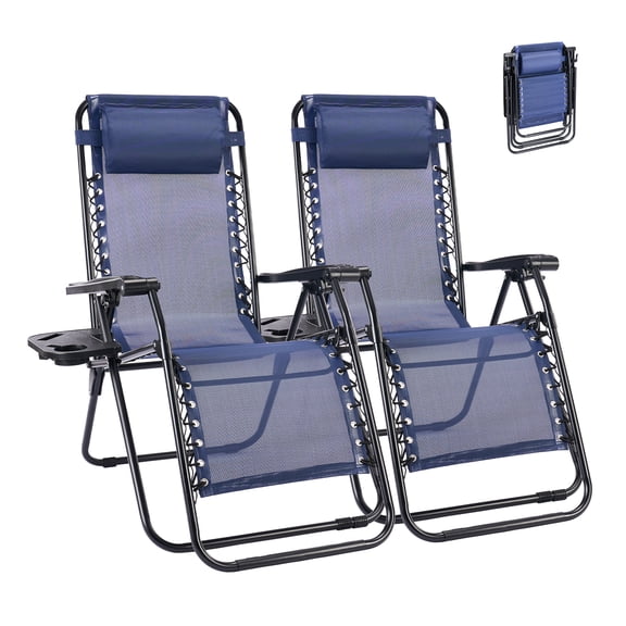 Set of 2 Zero Cravity Lounge Chairs,Outdoor Patio Folding Recliners for Pool Beach with Pillow and Cup Holder, Black