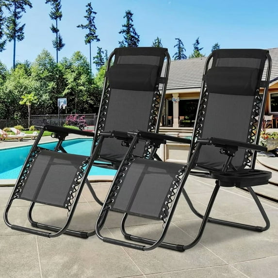 Set of 2 Zero Gravity Chairs Portable Lounge Patio Chairs Folding Zero Gravity Recliner with Pillow & Cup Holder for Patio, Poolside, Camping, Black