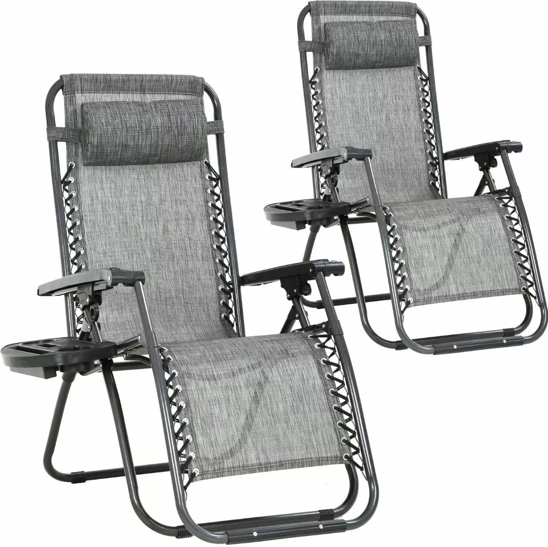 Gray Foldable Zero Gravity Outdoor Lounge Chairs with Cushions, Set of 2