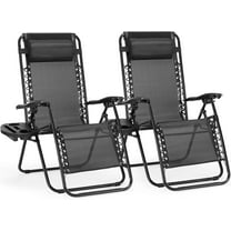Set of 2 Zero Gravity Chairs with Cup Holder Trays, Portable Recliner Beach Camping Patio Outdoor Folding Lounge Chairs with Adjustable Pillow, Black