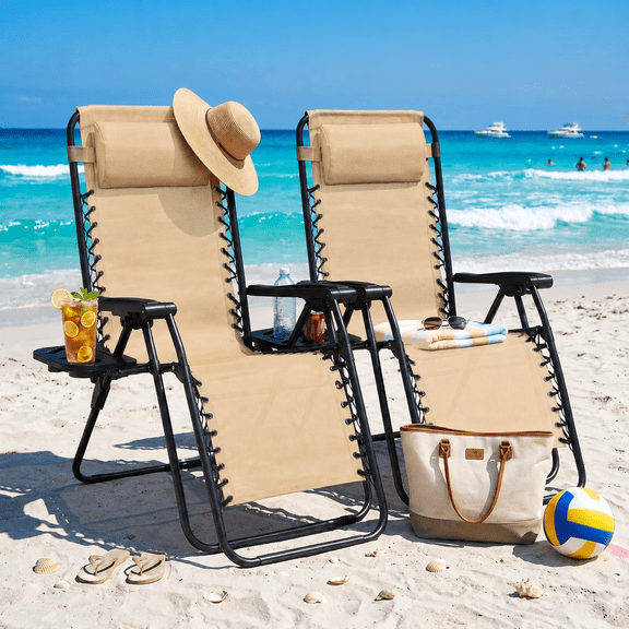 Set of 2 Zero Gravity Chairs with Cup Holder Trays, Portable Recliner Beach Camping Patio Outdoor Folding Lounge Chairs with Adjustable Pillow, Khaki