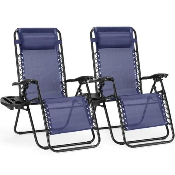 Set of 2 Zero Gravity Lounge Chairs Outdoor Folding Recliners for Pool Beach with Pillow & Cup Holder