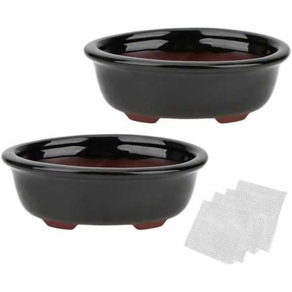 Set of 2 Zisha Ceramic Bonsai Pot, Glazed Shallow Succulent Planter Black$$Garden & Patio