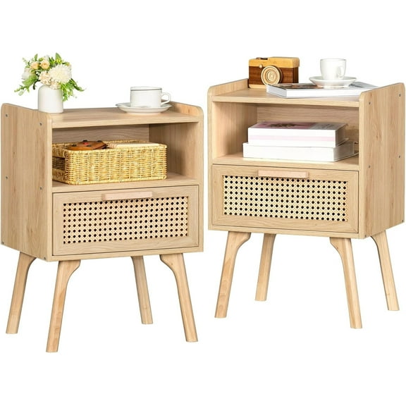 Rattan Nightstand 2-Piece Set, Bohemian Style Side Table, Decorative Nightstand, (Natural Color)