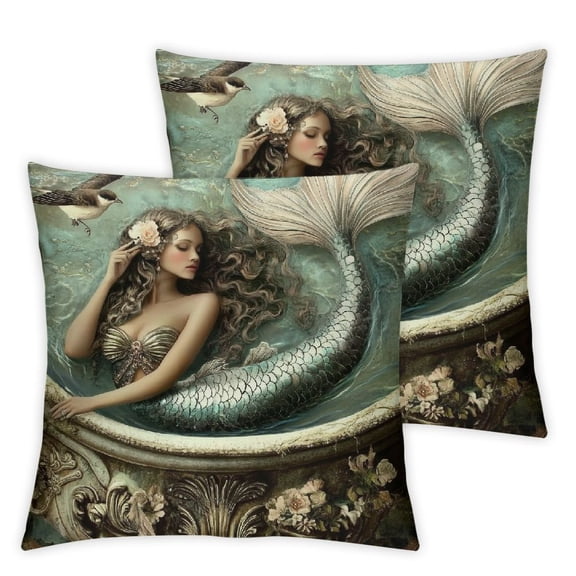 Set of 2, bird mermaid bathtub Pillows Cushion Cases, Without Pillow Inserts Zip Closure Home Furnishing