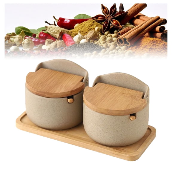 Set of 2 ceramic spice jars, salt bowl with lid, spice container, sugar bowl with spoon, storage jar, spice jars for tea, sugar, salt, spices
