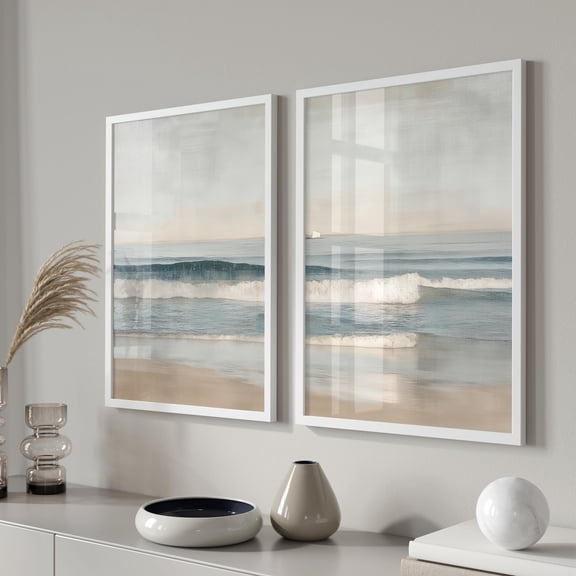 Set of 2 wave posters seaside coastal wall art premium matte photo paper minimalist ocean images sand wave art for living room Set 2