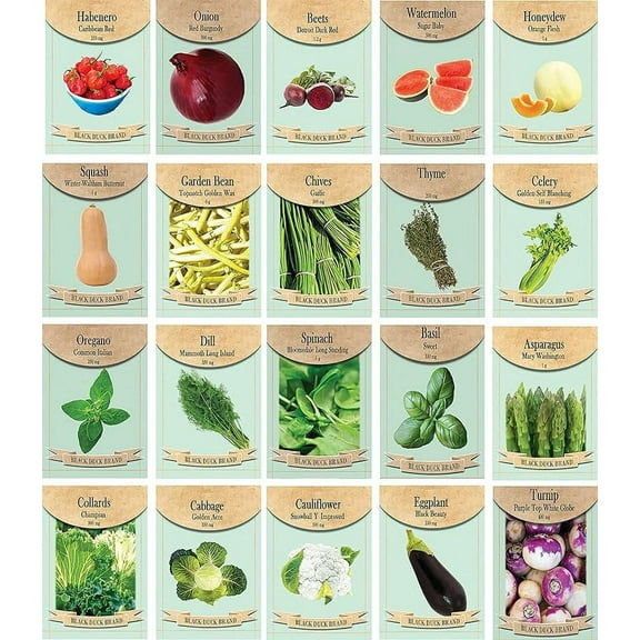 Set of 20 Assorted Vegetable & Herb Seed Packets - Create a Deluxe Garden Heirloom Seeds - 100% Non-GMO (20)
