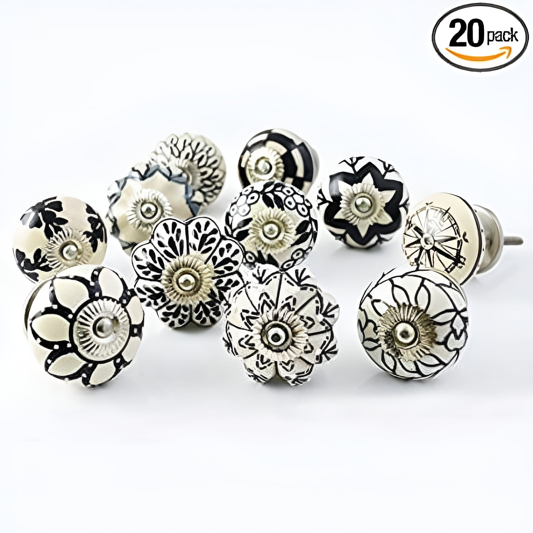 Set of 20 Assorted Vintage Black and White Hand Painted Ceramic Pumpkin and Round Knobs Cabinet Drawer Handles Pulls (20)