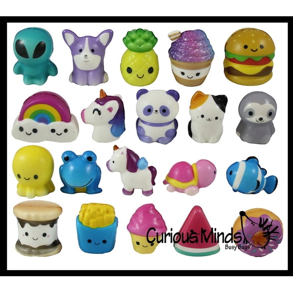 Set of 20 Cute Micro Slow Rise Squishy Toys - 1 OF EACH STYLE - Mini Animals and Foods - Memory Foam Party Favors, Prizes, OT