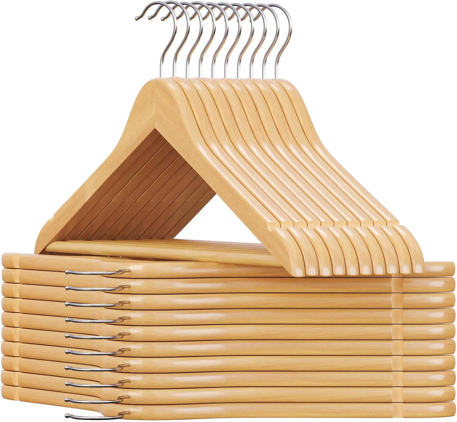 Set of 20 Wooden Hangers with Rubber Coating, Non-Slip Coat Hangers with Shoulder Grooves, Pants Bar, 360° Swivel Hook, for Jackets, Shirts