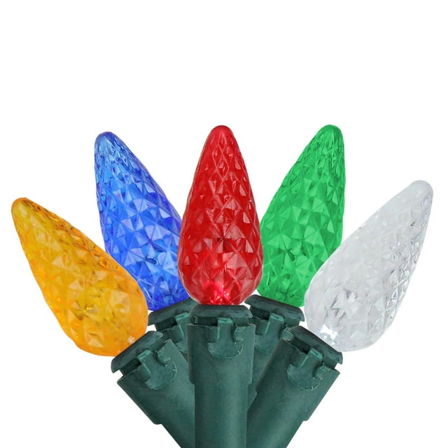 Set of 200 Faceted Multi Color LED C6 Christmas Lights Green Wire