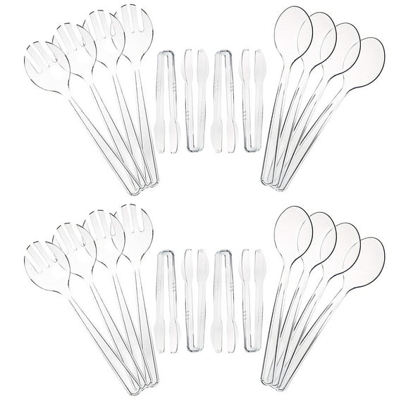 Set of 24 - Clear Plastic Serving Utensils (8) 10"Spoons, (8) 10” Forks, &  (8) 6-1/2” Tongs