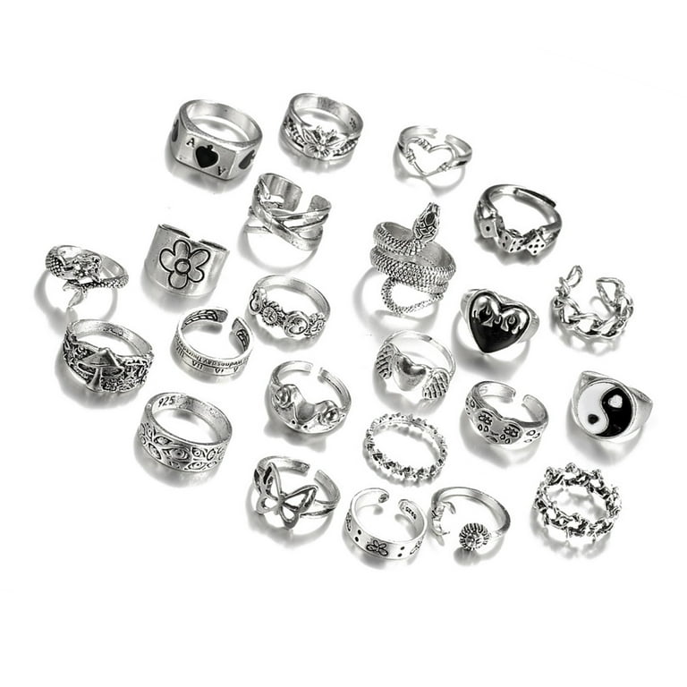 Set of 24 Gothic Silver Rings Set Elegant Grunge Rings Collection