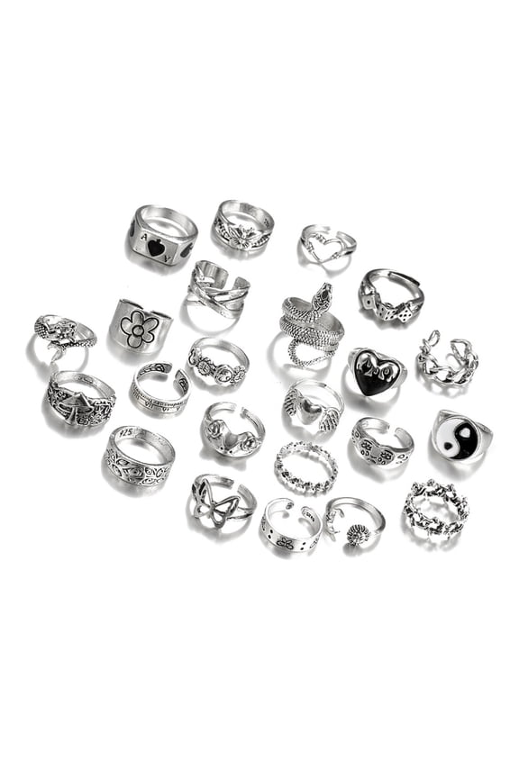 Set of 24 Gothic Silver Rings Set Elegant Grunge Rings Collection Including Flower And Butterfly for Women