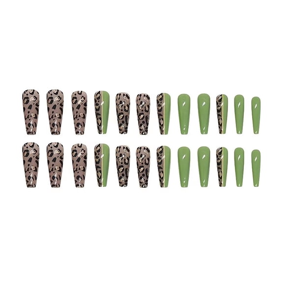 Set of 24 Green Leopard Spots Long Press on Nails - Trendy, Easy Application for Fashionable Nails