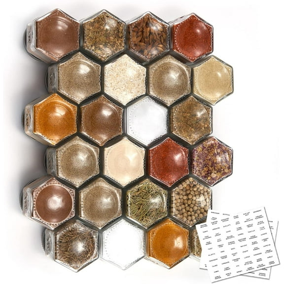 Set of 24 Hexagon 2 oz Glass Spice Jars with Shaker Lids and Labels Magnetic Refrigerator Containers