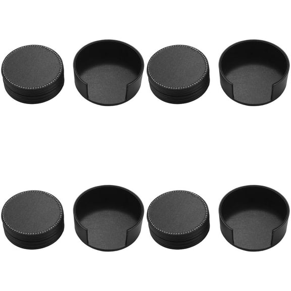 Set of 24 Leather Drink Coasters Round Cup Mat Pad for Use Black