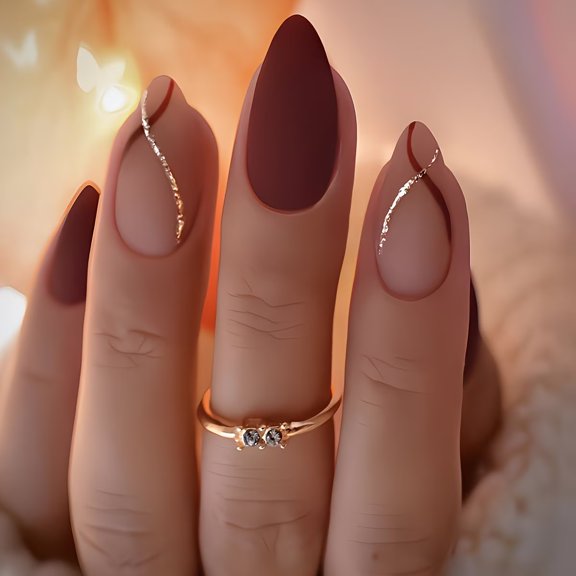 Set of 24 Matte Burgundy Almond Press on Nails with Gold Foil Stripe Design - Medium Length, Elegant Autumn Winter Women's Manicure, Nail Art Palette