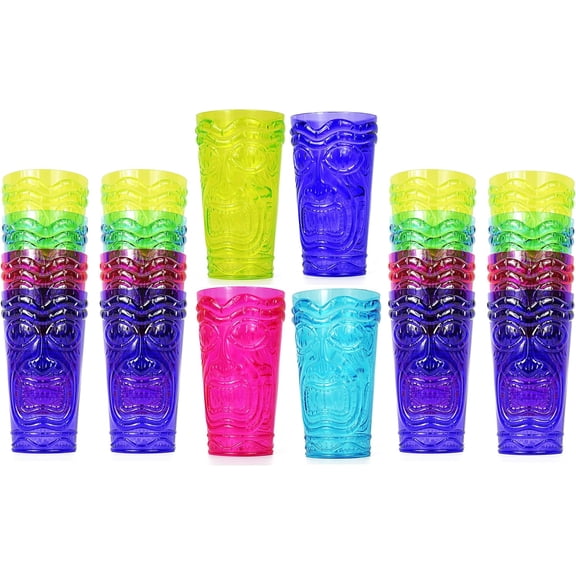 Set of 24 Party Tiki Cups! BPA Free 18 Ounce Tumbler Drinkware Set Luau Shape! 4 Bright Colors! Tiki Mugs! Reusable Plastic Party Cups!