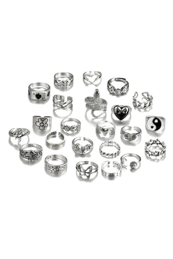 Set of 24 Vintage Silver Rings Jewelry Set Including Yin Yang And Frogs Patterns
