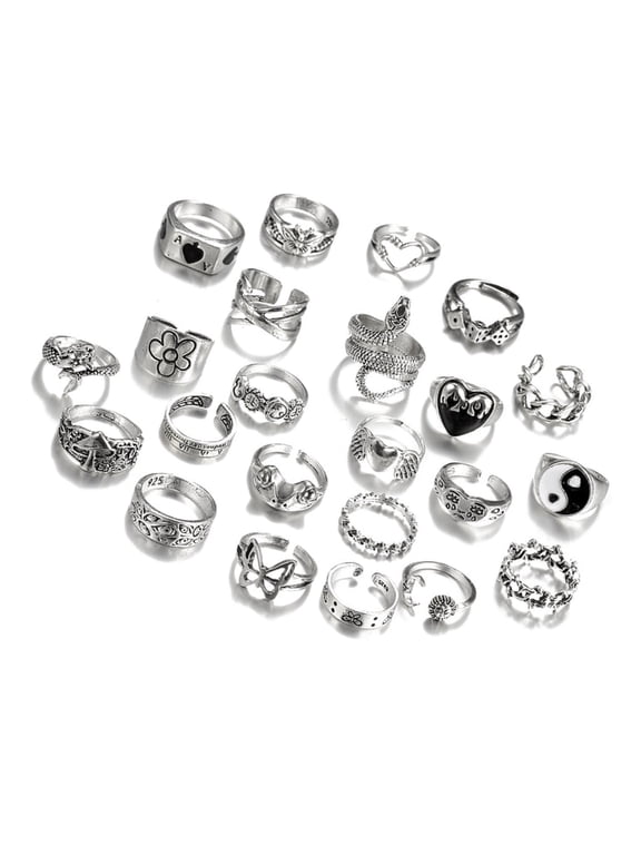 Set of 24 Y2K Gothic Silver Ring Set Elegant Grunge Rings Collection Including Flower And Butterfly for Women