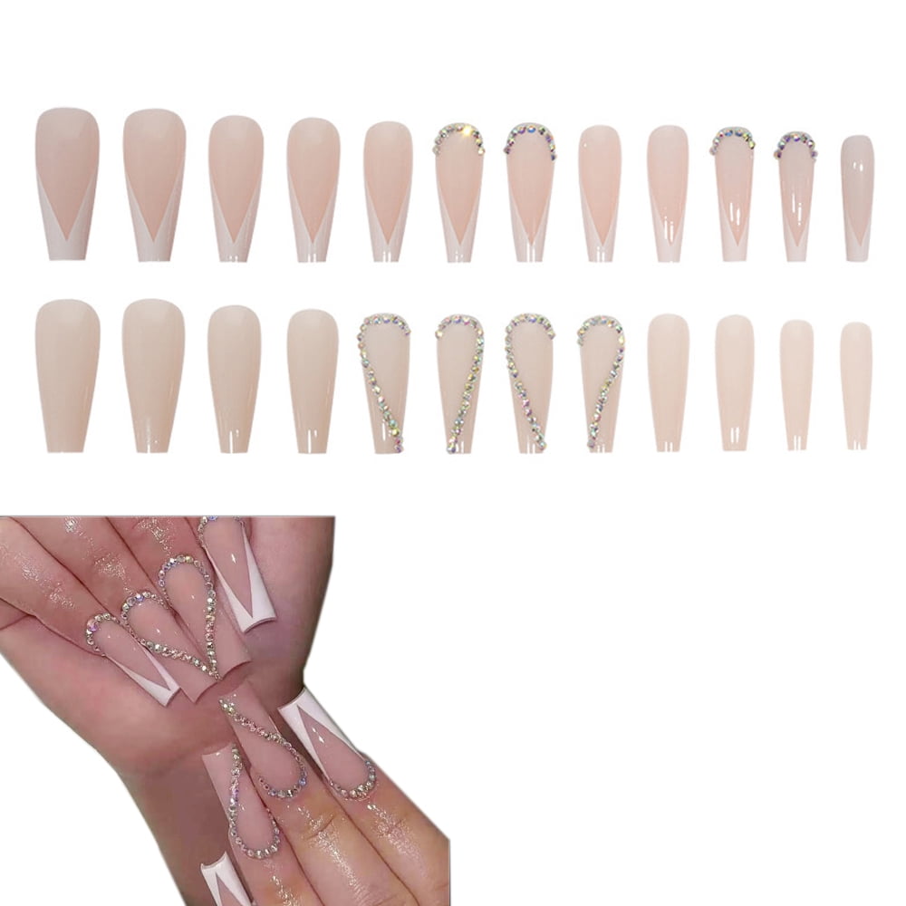 Set of 24 false nails, ABS, Press on type, Nude/White