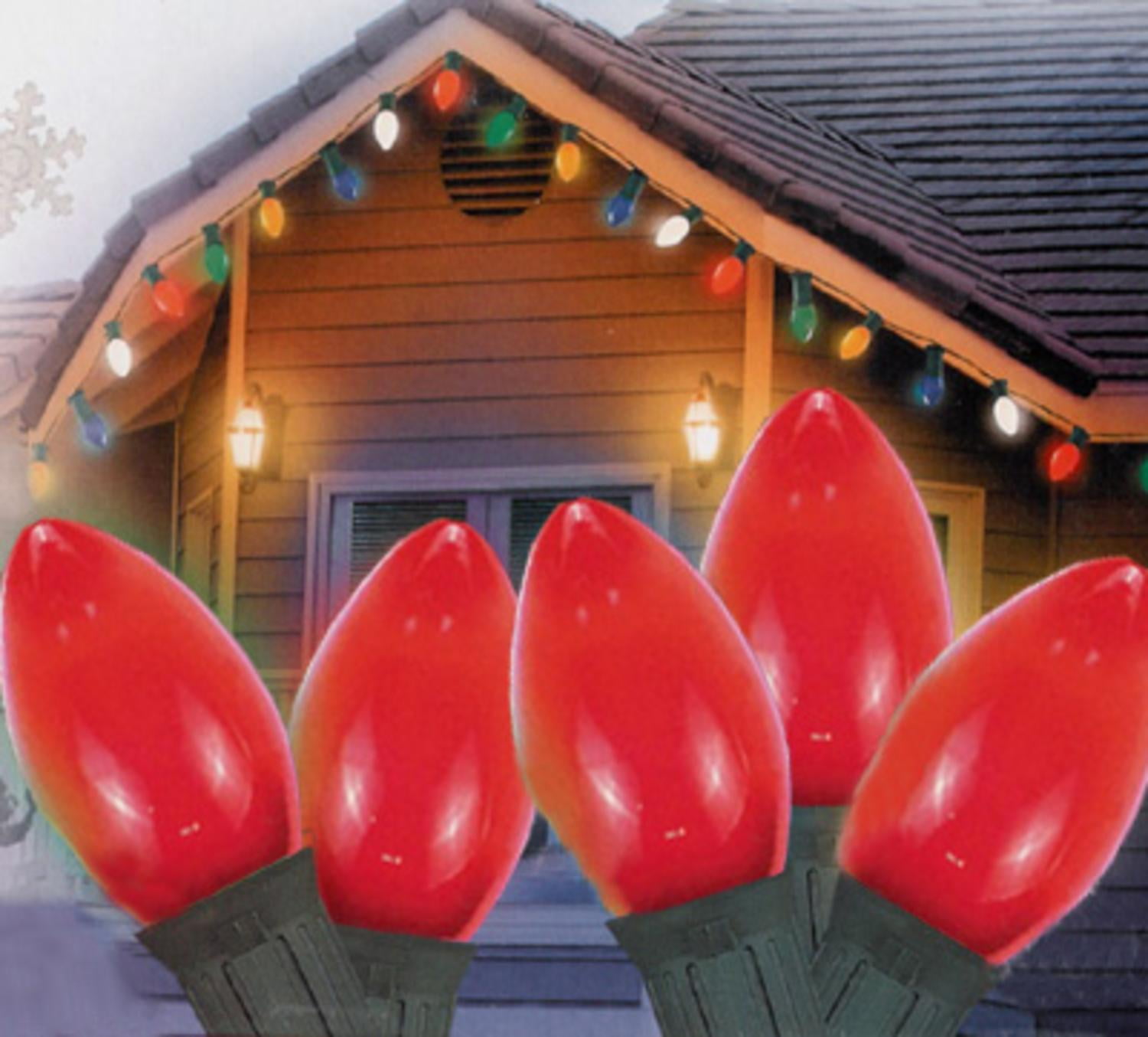 Set of 25 Opaque Red C9 Christmas Lights 12 Bulb Spacing 20 AWG - Green Wire
