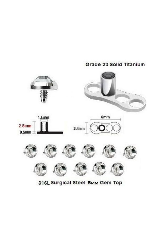 Set of 25 Solid Titanium Base & 5MM Dermal Top Piercing Jewelry